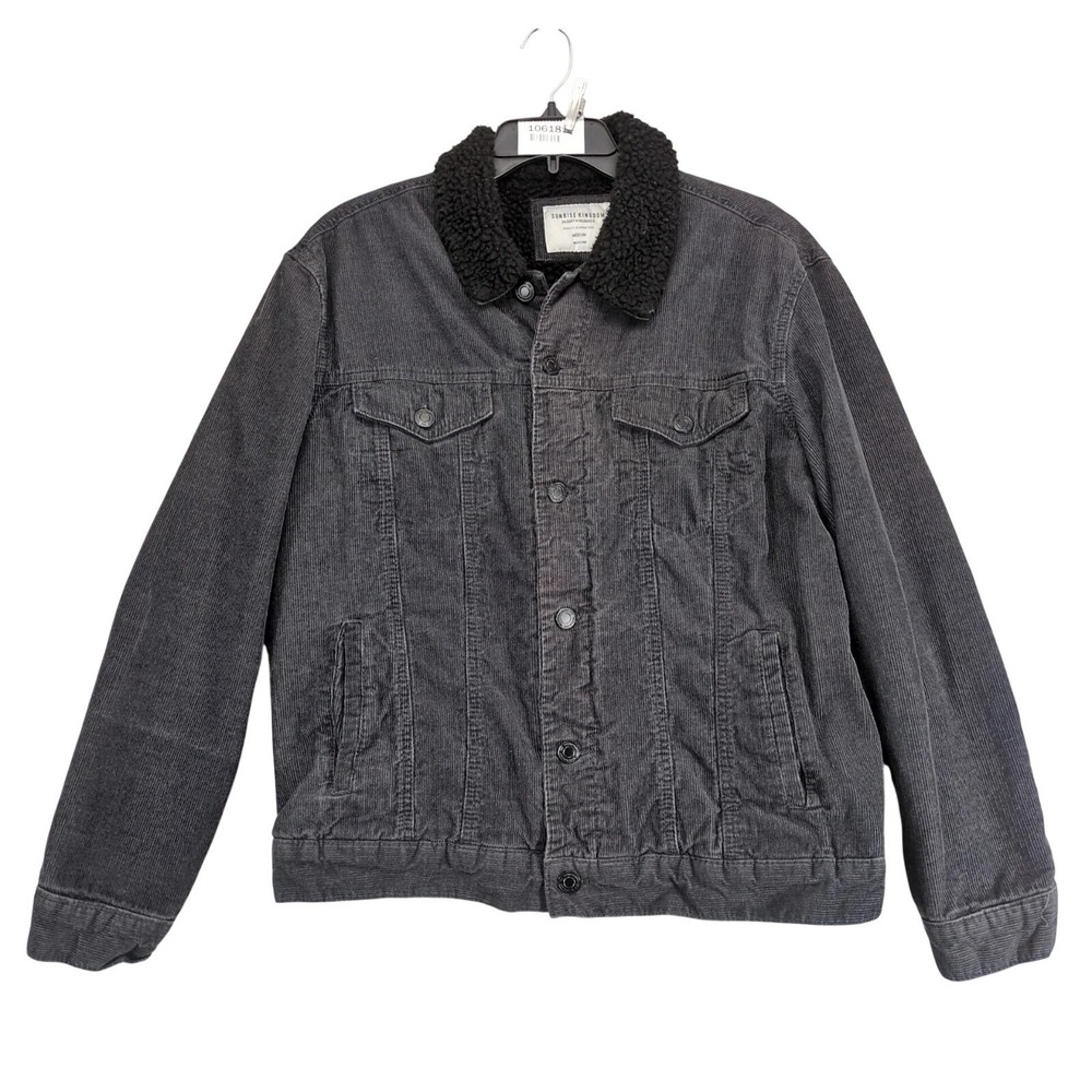 Sunrise Kingdom Black Corduroy Trucker Jacket Mens M Sherpa Lined Cotton Grunge